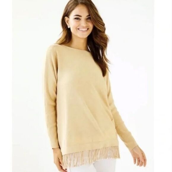 Lilly Pulitzer Glenda Heathered Sand Bar Tan Fringe Coolmax Sweater Small - Picture 1 of 8